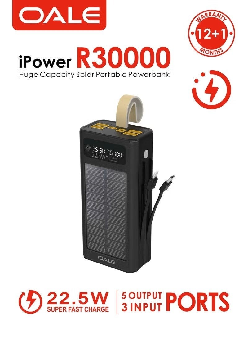 OALE 30000mAh Solar Power Bank, 22.5W Fast Charging, Built-in Type-C & Lightning Cables, Multiple USB Outputs - Image 1
